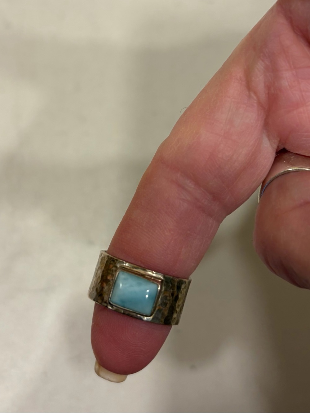 Sterling Silver Hammered Band Ring with Light Blue Stone larimar